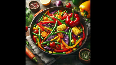 .  ? Salteado de colores del arco iris Un plato rápido, lleno de verduras frescas y con un toque crujiente.